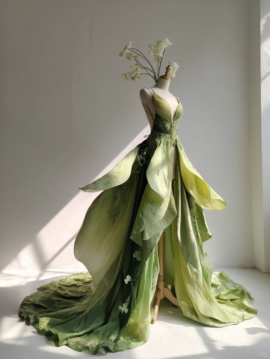 Gradient Green Fairy Petal Gown with Deep V Spaghetti Strap and Long Train  NV7495