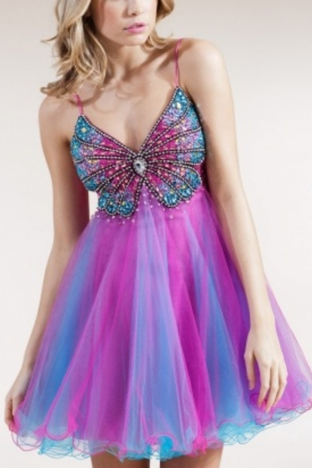 Pink Fashion Gradient Butterfly Beaded Short Chiffon Fantasy Fairy Homecoming Dress Birthday Party Dress nv5192