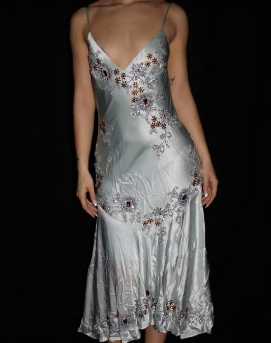 Silbernes Vintage-Blumen-Midi-Kurzes Satin-Heimkehrkleid Ballkleid Abschlussballkleid nv4474