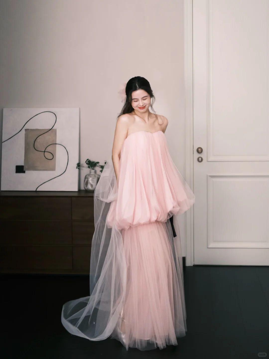 Strapless Blush Pink Bubble Tulle Two Piece Formal Dress with Sheer Pants  NV7364