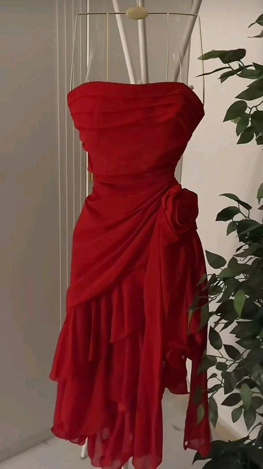 Beautiful Red Ruffled Long Chiffon Homecoming Dress nv4820
