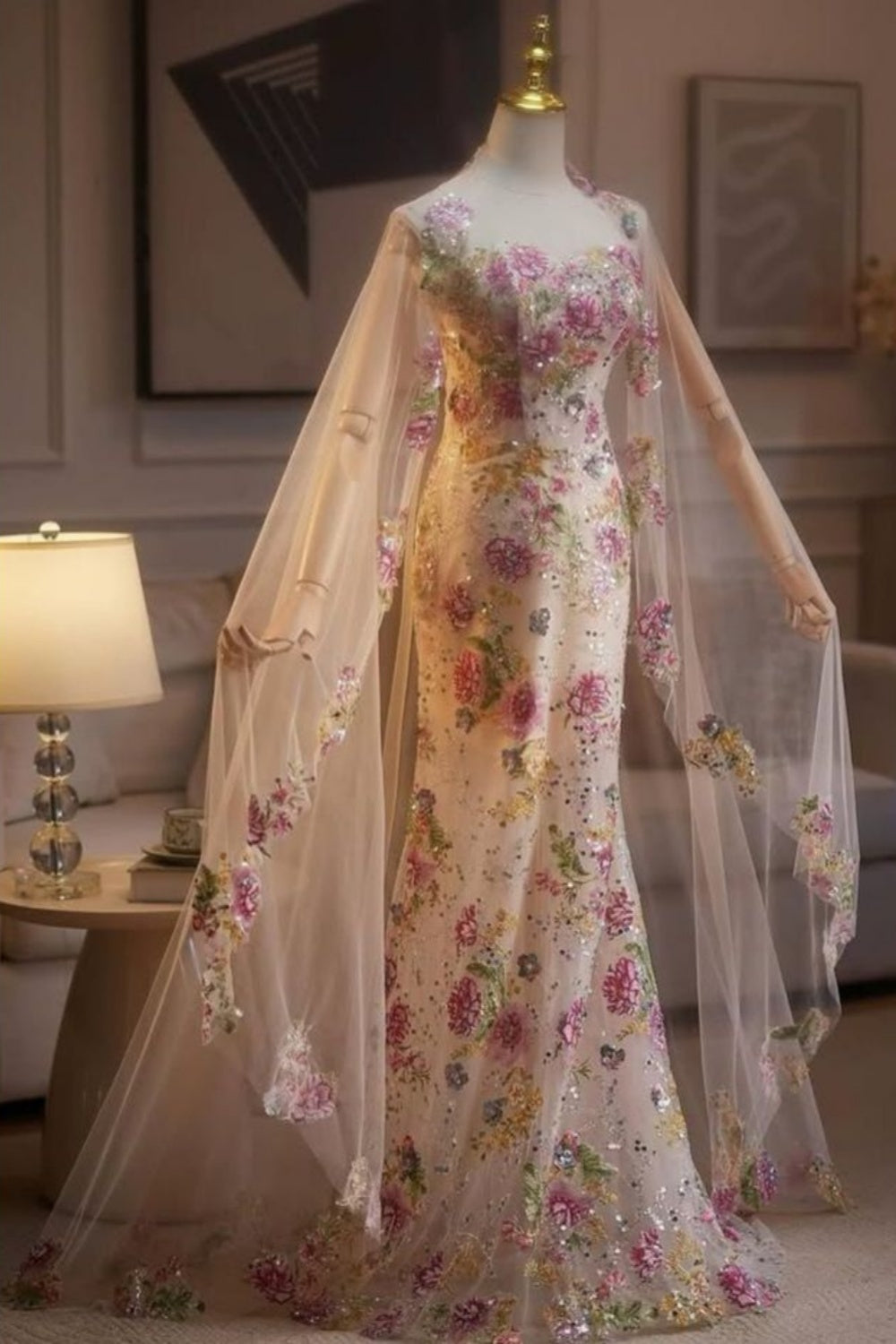 NiceVestidos--Pink Sweet Floral Elegant Tulle Long Prom Wedding Dress NV5870