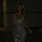 Silver Shiny Sequins Long Evening Gown Party Dress nv5246