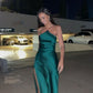 Robe de soirée longue en satin vert sans bretelles, simple et élégante, à épaules dénudées, avec cape à paillettes nv2519