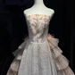 Blush Ombre Sequin Tulle Long Evening Gown Off The Shoulder Tiered Ruffle Ball Gown Prom Dress  NV7074