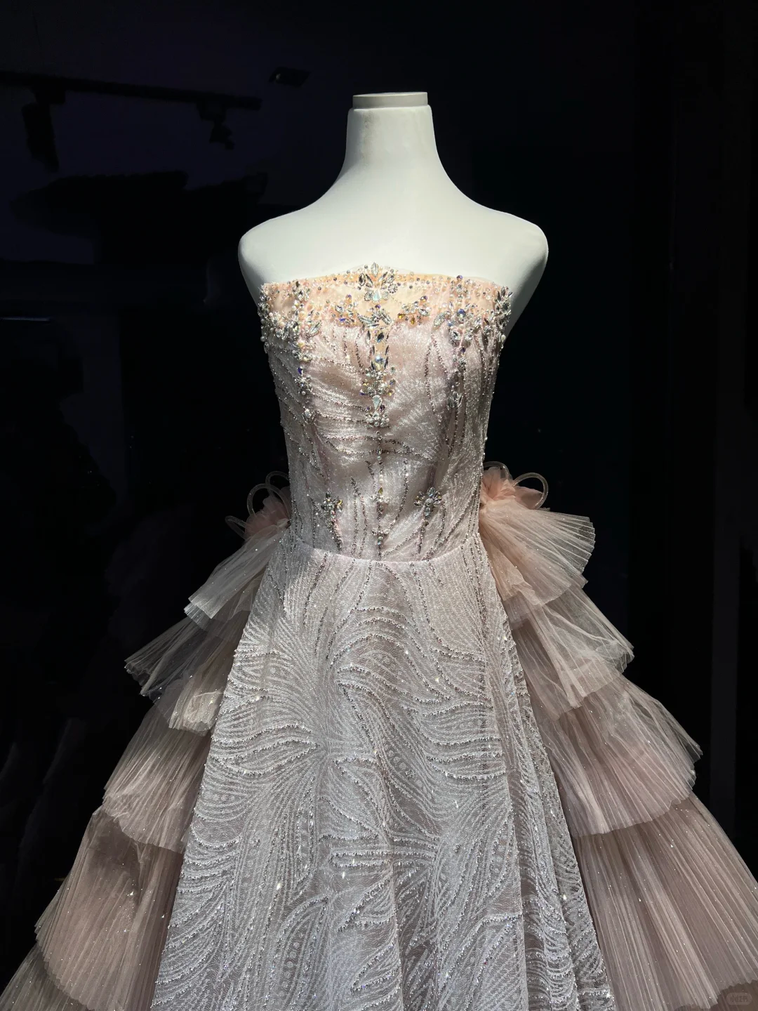 Blush Ombre Sequin Tulle Long Evening Gown Off The Shoulder Tiered Ruffle Ball Gown Prom Dress  NV7074