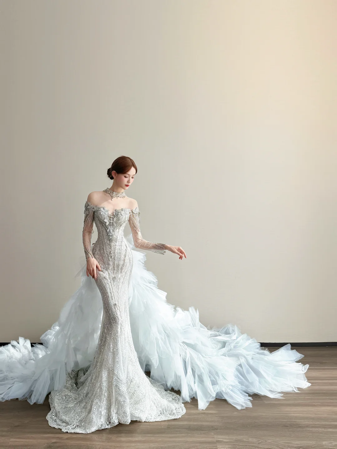 White Off Shoulder Wedding Gown High Neck Choker Beaded Lace Mermaid Ruffle Tulle Overskirt Bridal Dress  NV7163