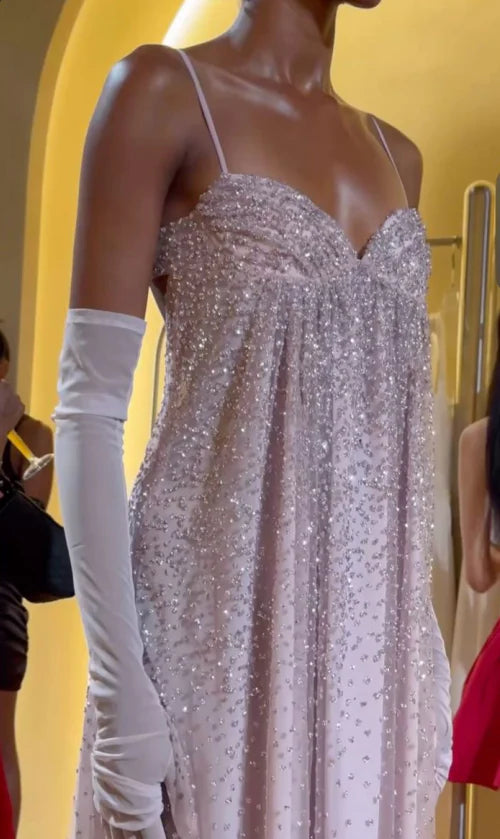 Pink gorgeous shiny spaghetti strap off-shoulder long chiffon prom dress evening dress nv5213