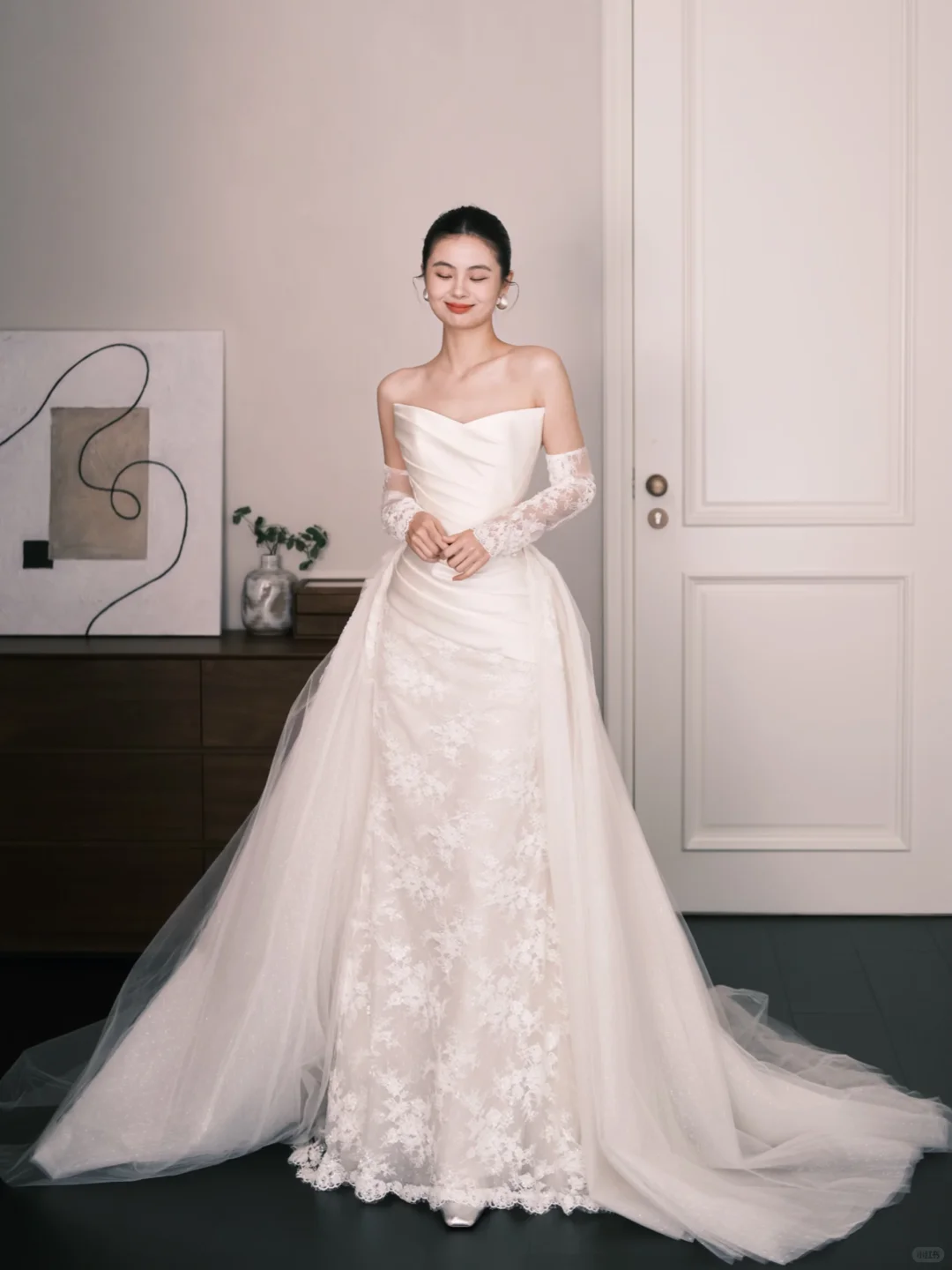 Strapless Satin Lace Mermaid Wedding Dress with Detachable Tulle Overlay  NV7351