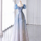 Light blue shiny elegant sweetheart neckline exquisite beading short sleeve long tulle ball gown evening dress graduation dress nv3785