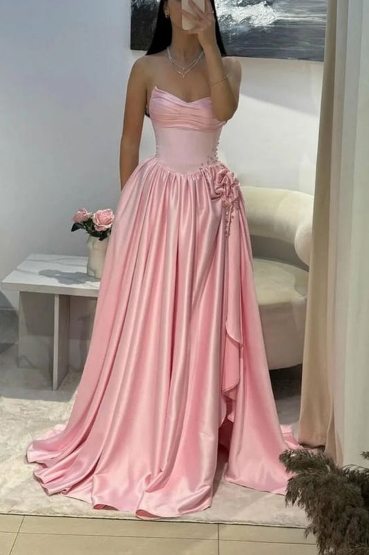 NiceVestidos – Traumhaftes, trägerloses High-End-Abendkleid aus rosa Satin mit 3D-Blumenapplikationen und Seitenschlitz, luxuriöses langes Kleid für Abendveranstaltungen und Bälle NV5887