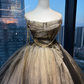 Strapless Black Gold Ombre Shimmer Ball Gown Ruched Bodice Chain Tassel Irregular Ruffle Long Prom Dress  NV7023