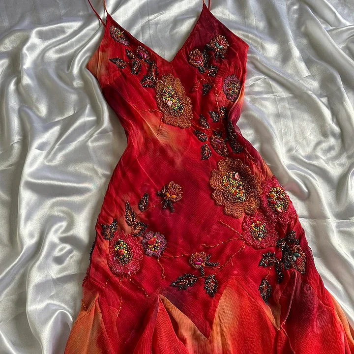 🌺✨Robe de soirée longue en mousseline de soie, élégante et rétro, avec perles exquises, rouge, nv5351