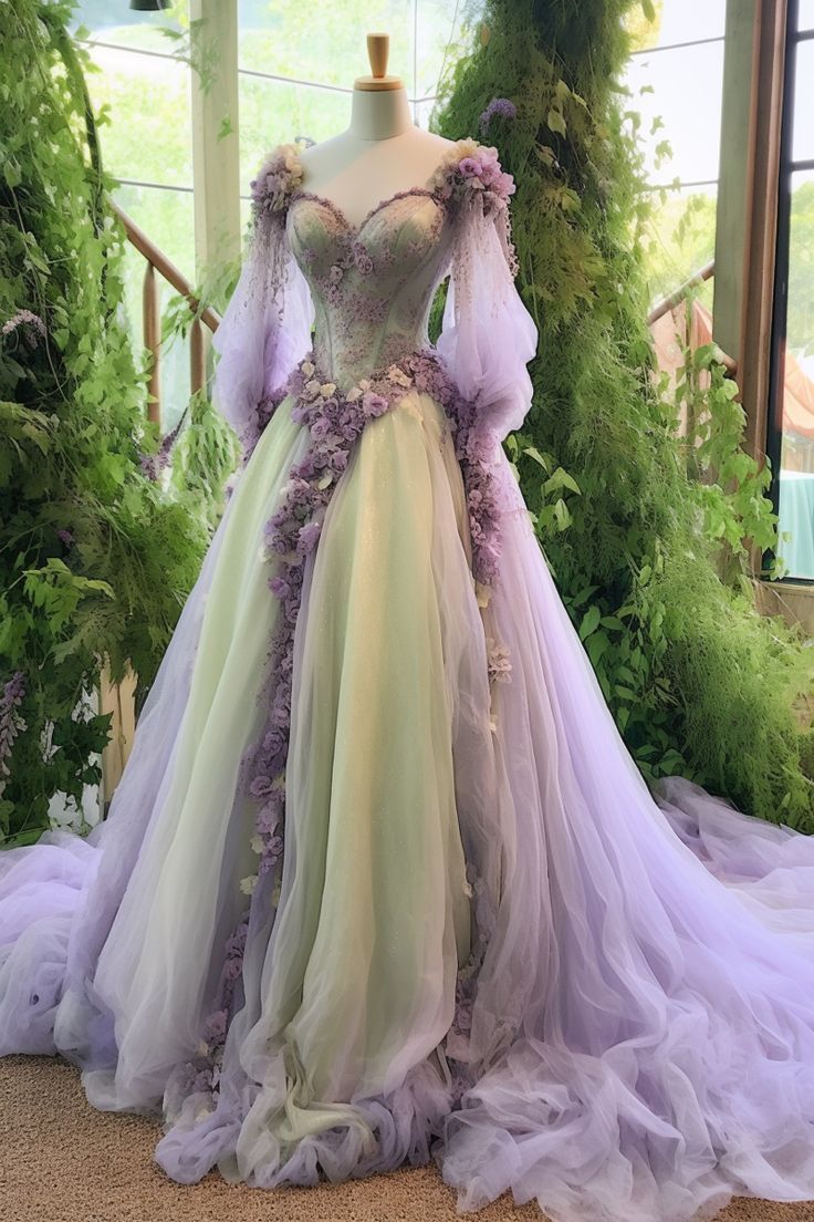 Robe de soirée en tulle à manches longues et col en cœur avec appliques en dentelle et motif floral violet nv3310