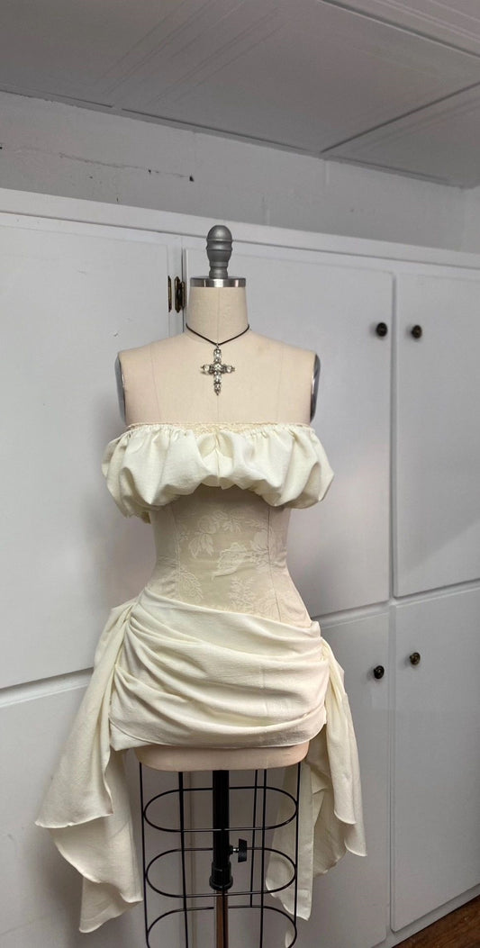 Elfenbeinfarbenes kurzes Vintage-Heimkehrkleid, Partykleid, nv4872