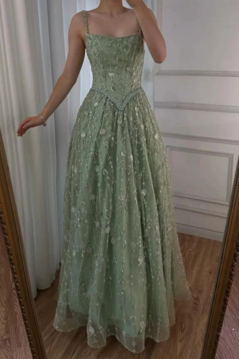 NiceVestidos--Green exquisite floral beaded sequined sparkling long prom dress ball gown NV5840