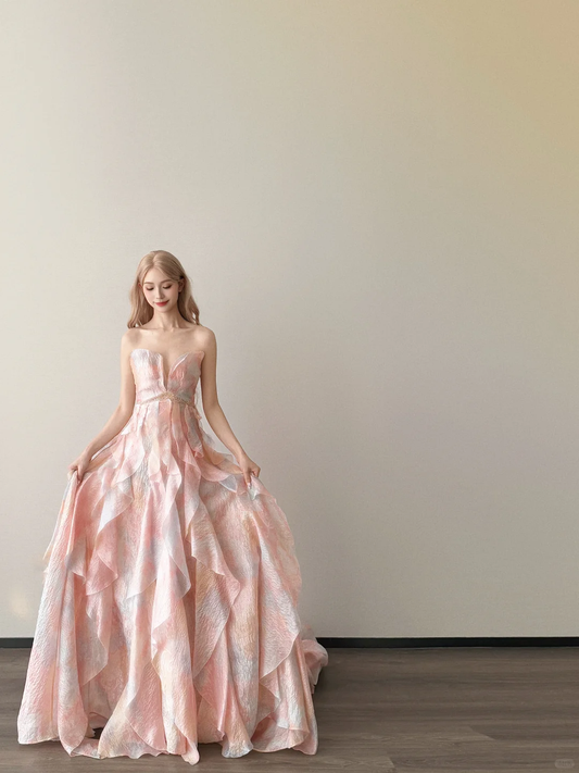 Strapless Watercolor Pink Prom Gown Beaded Waist Tiered Ruffle Shimmer Organza Evening Dress  NV7151