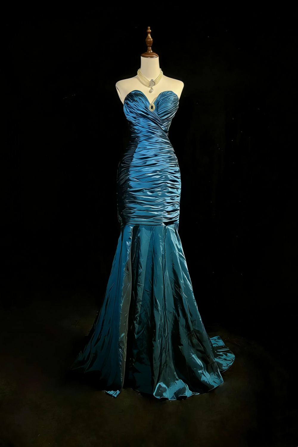 Blue Strapless Ruched Mermaid Gown with Satin Sheen & Jewel Brooch NV6871