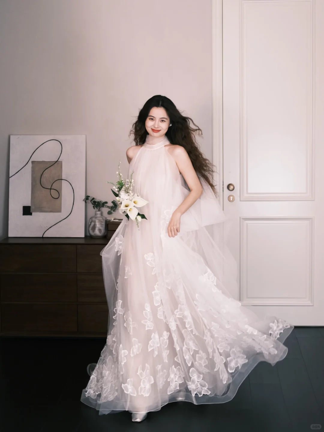 Halter Sheer Tulle Bridal Gown, A-Line Wedding Dress with 3D Flower Petal Appliques  NV7327