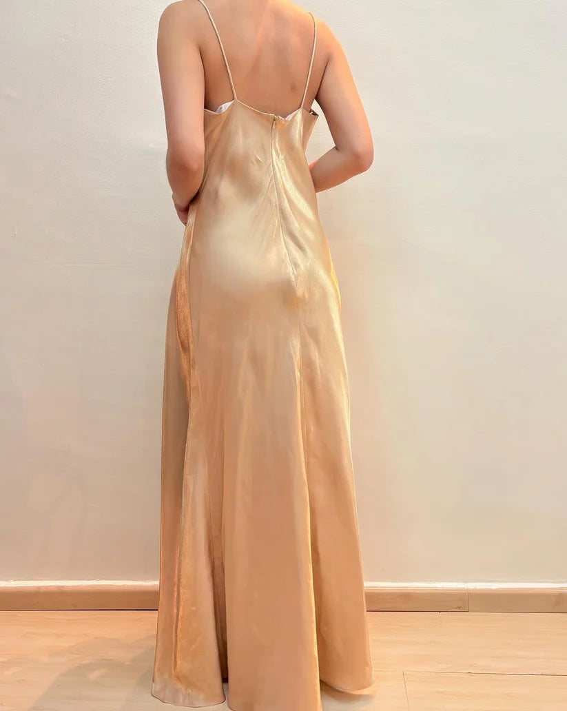 NiceVestidos – Exquisites, florales, perlenbesetztes Feenkleid, ärmellos, champagnerfarbenes Satin, A-Linie, bodenlanges Abendkleid mit Spaghettiträgern, Ballkleid NV5774