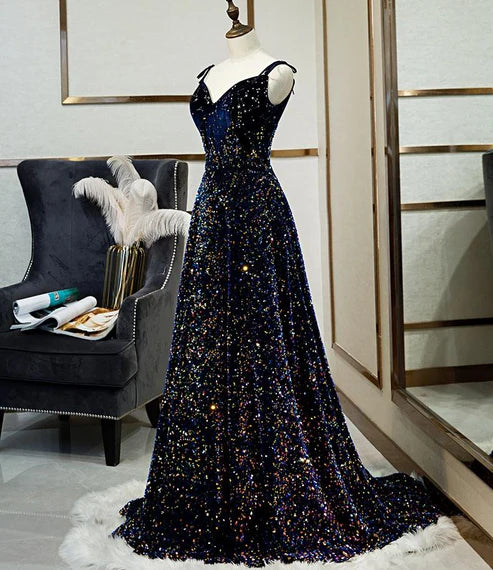 Black Shiny Elegant Long A-Line Back Tie Evening Prom Gown Party Dress nv4173