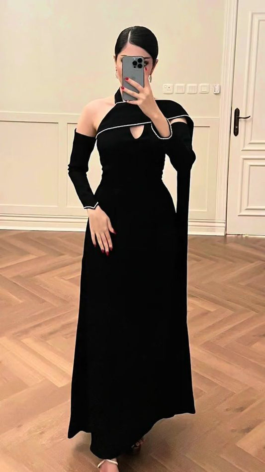 Black elegant long sleeve ribbon long satin prom dress evening dress nv3153