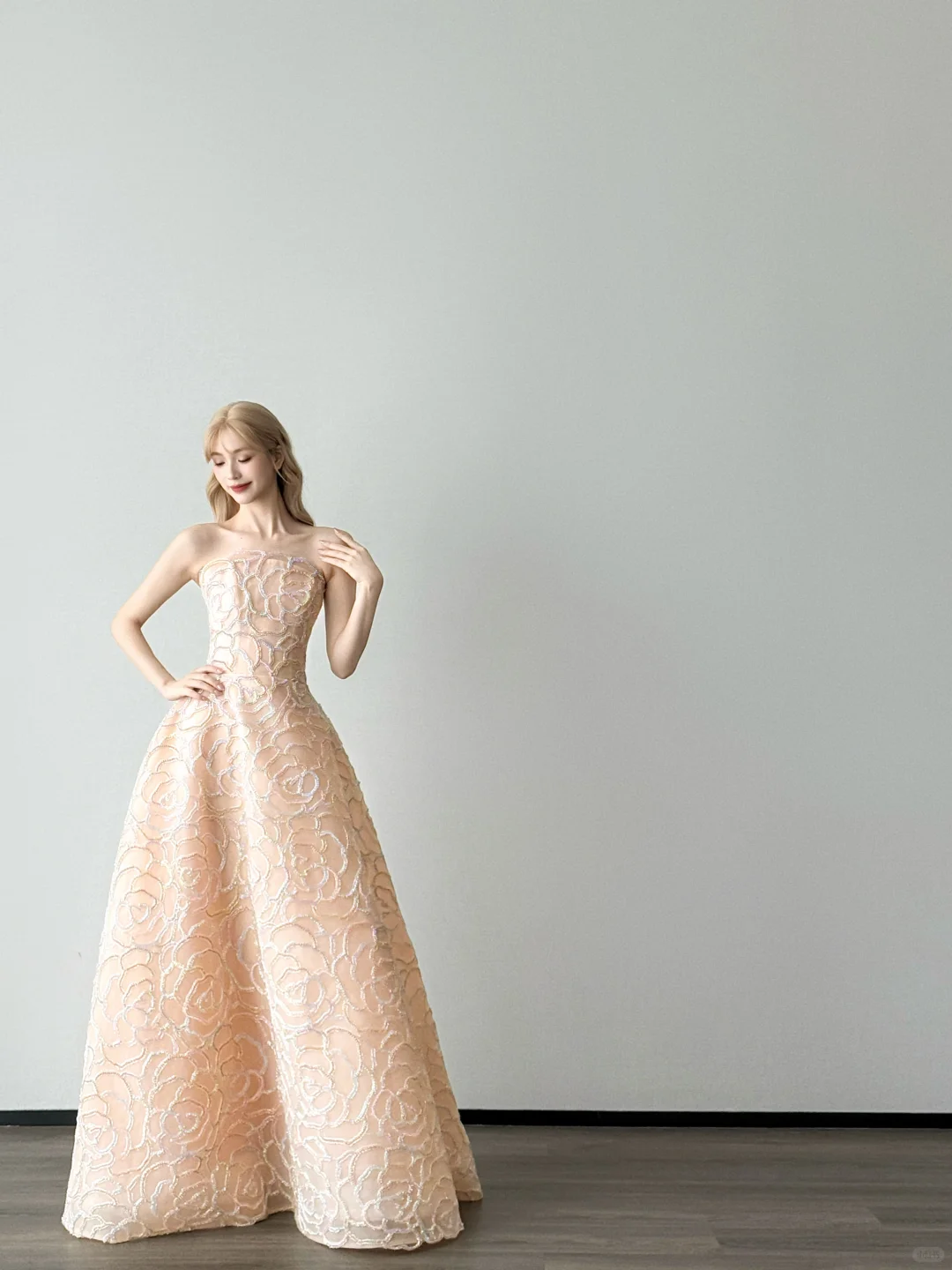 Strapless Nude Pink Ball Gown Prom Dress, Rose Beaded Embroidery Evening Gown  NV7112