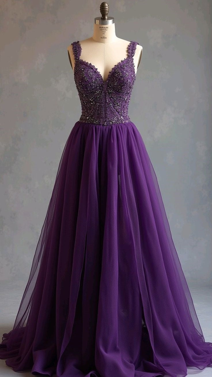 Elegant Purple-Tone Style Spaghetti Strap Deep V Gown | Grape Purple Beaded Tulle Ballgown Train Maxi Dress for Gala Engagement High-End Social Event NV6289