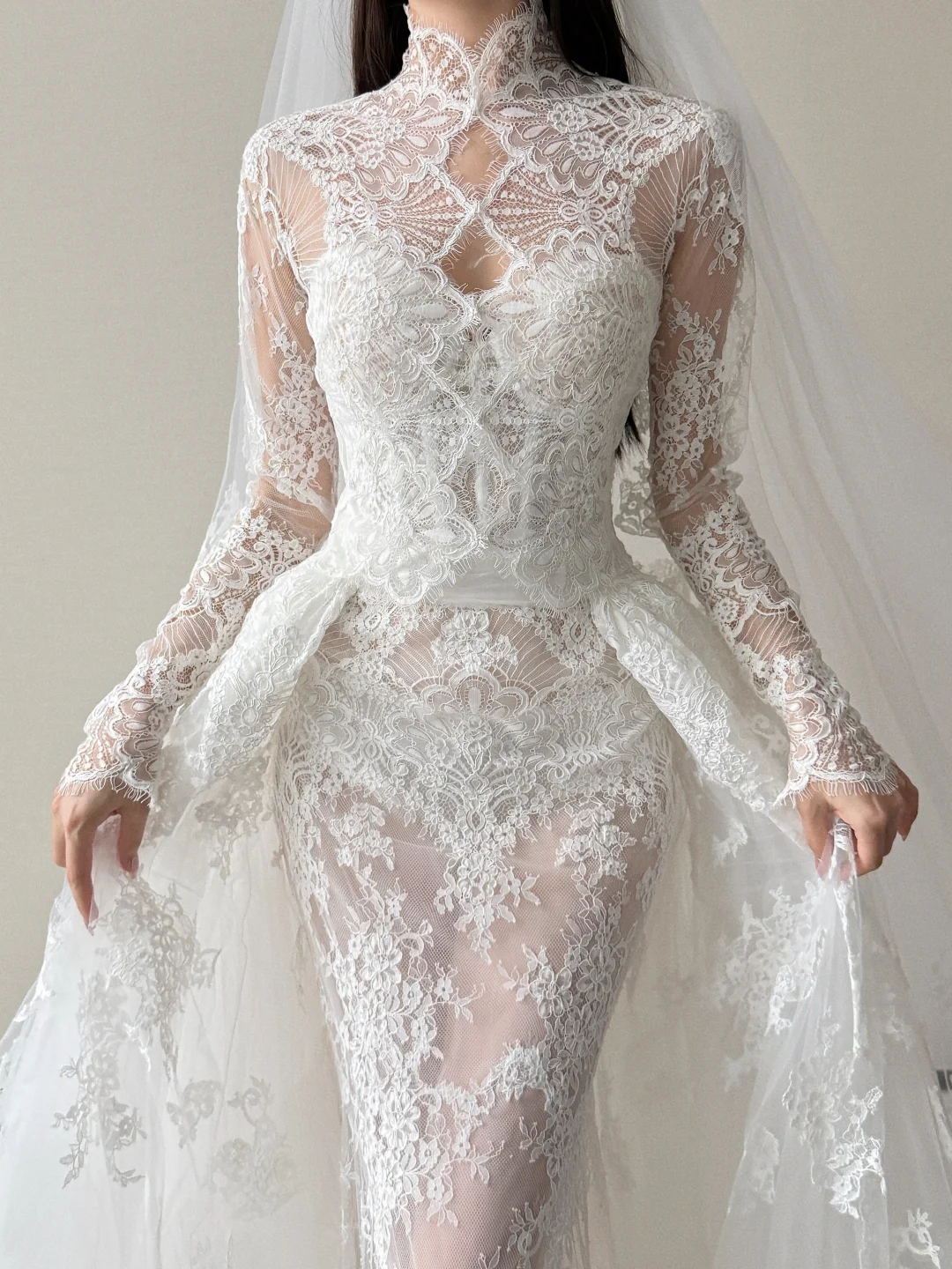 High Neck Long Sleeve Lace Mermaid Wedding Dress Detachable Overskirt Bridal Gown  NV7127