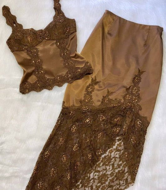 Vintage exquisite beaded brown two-piece long lace satin prom dress evening dress party dress nv5346