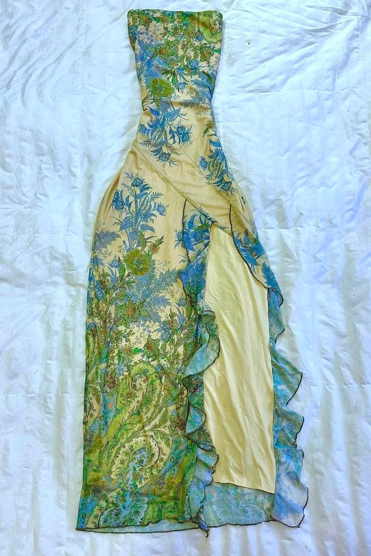 NiceVestidos--💐✨Green retro floral off-the-shoulder long prom dress NV5719