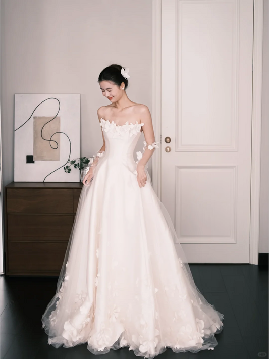 Strapless 3D Flower Tulle A Line Wedding Dress Bridal Gown  NV7201