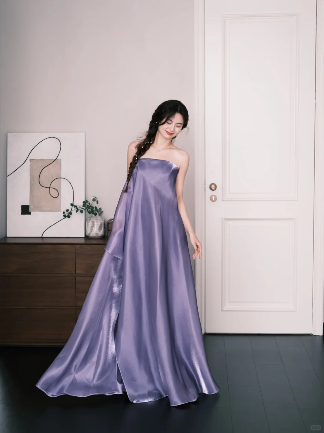 Lavender Strapless Satin Prom Dress Flowy Long Train Evening Gown  NV7213