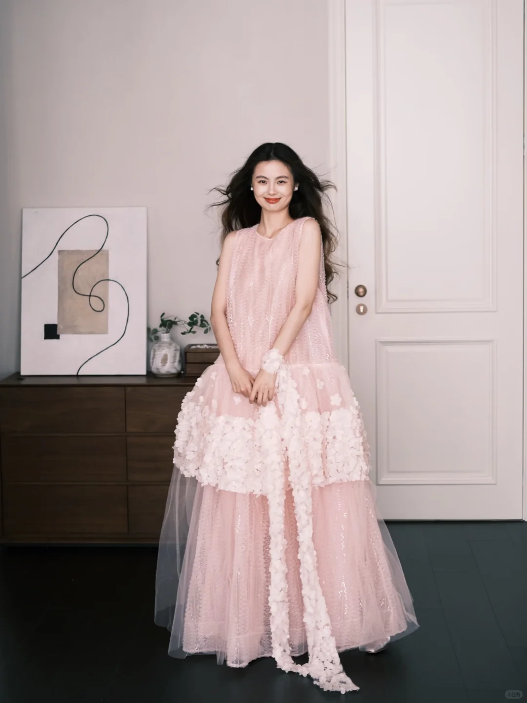 Blush Pink 3D Flower Tulle Prom Dress, Sleeveless Tiered Sparkly Formal Gown  NV7279