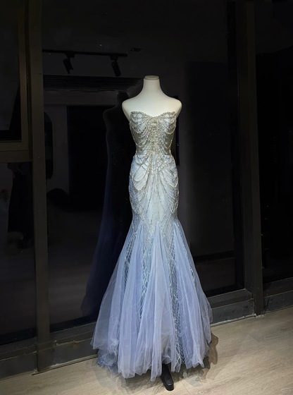 Light Slate Blue Beaded Mermaid Evening Gown Strapless Sweetheart Tulle Prom Dress  NV7071