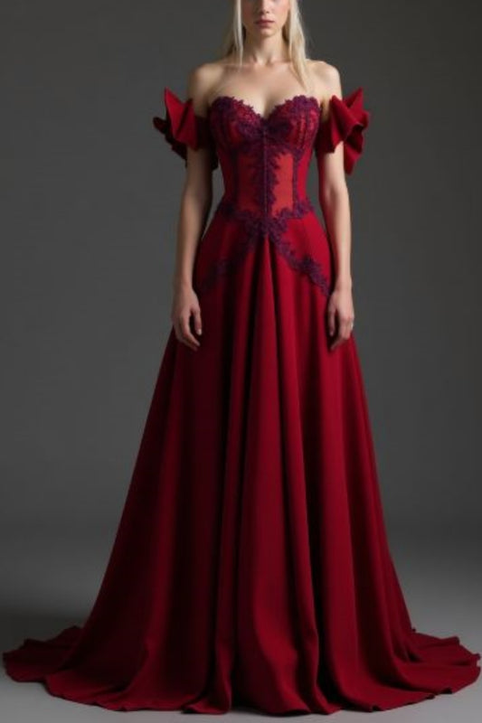 Robe de bal longue cintrée en satin bordeaux NiceVestidos NV6100