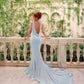 Hellblaues, schlichtes und elegantes, fließendes Kleid mit V-Ausschnitt, tiefem Ausschnitt und vielen Bändern, um Eindruck zu machen, Ballkleid, Abendkleid, Hochzeitskleid für Gäste, Partykleid nv2576