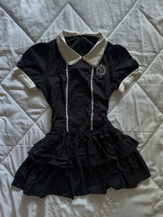 Black Striped Short Homecoming Dress White Peter Pan Collar Puff Sleeve Tiered Skirt Vintage Cocktail Gown  NV6928