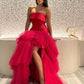 Hot Pink Elegant Charmant Niedlich Herzausschnitt A-Linie Off-the-Shoulder Ballkleid Lagen Tüll Langer Schlitz Abendkleid Ballkleid Abendkleid Partykleid nv2501