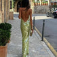 Limettengrünes rückenfreies Maxikleid mit Spaghettiträgern und Pailletten, sexy, elegantes langes Abendkleid, Partykleid, nv2692