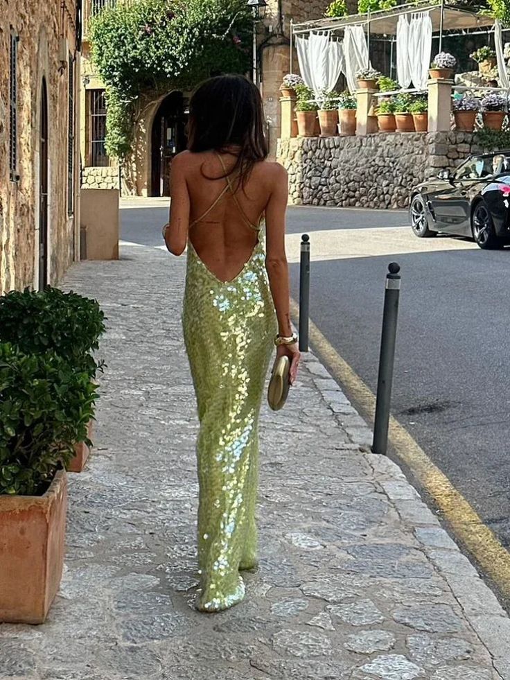 Limettengrünes rückenfreies Maxikleid mit Spaghettiträgern und Pailletten, sexy, elegantes langes Abendkleid, Partykleid, nv2692