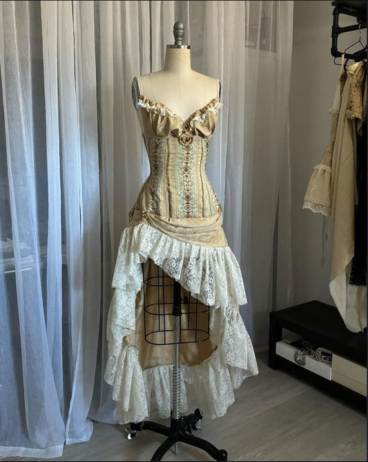 Champagne Gold Retro Fashion Exquisite Lace Elegant Long Satin Princess Court Style Ball Gown Evening Gown Party Dress nv3595