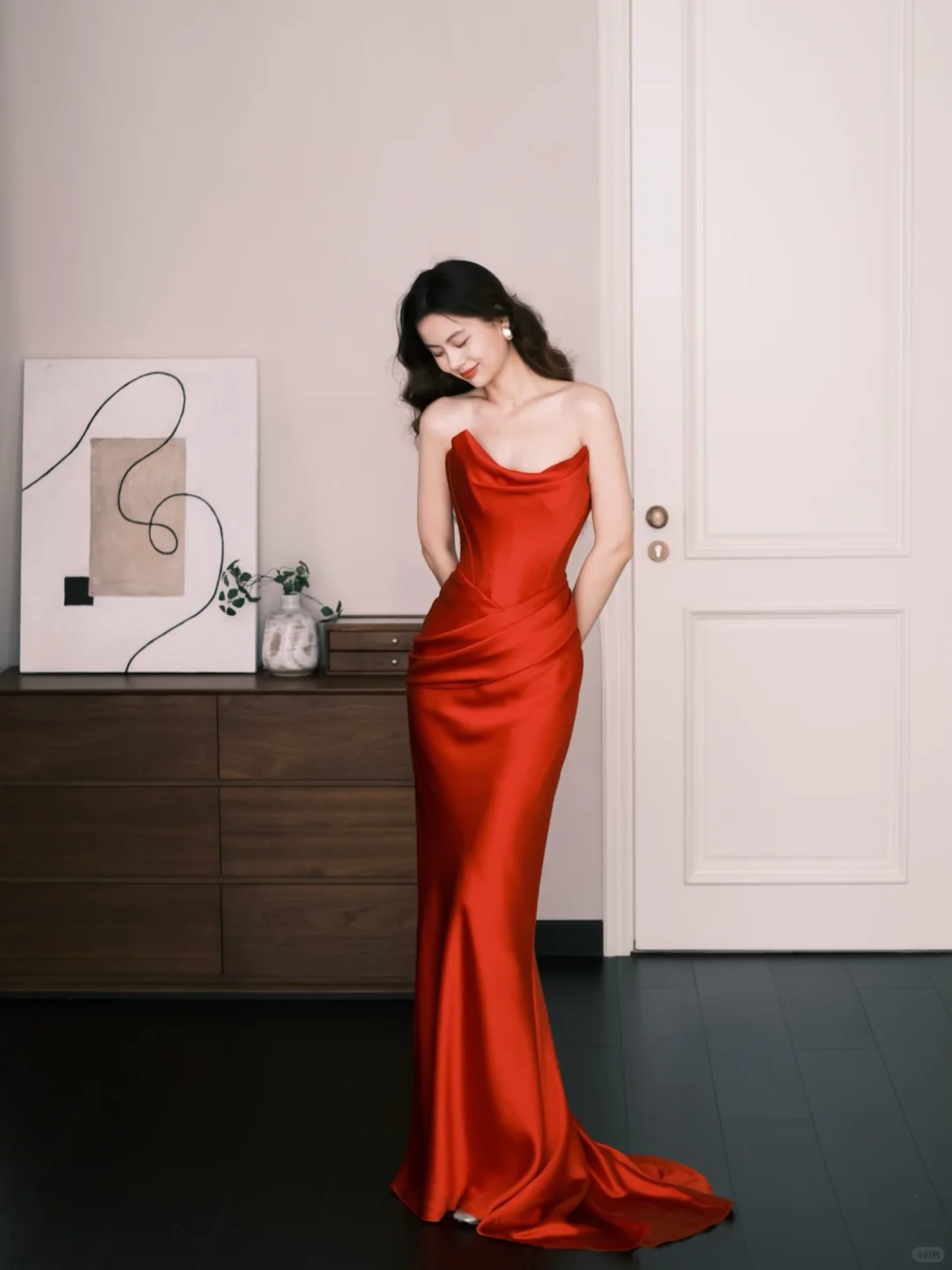 Bright Red Strapless Satin Mermaid Evening Gown  NV7226