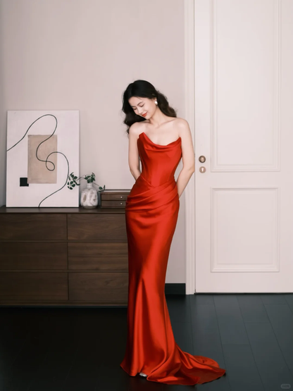 Bright Red Strapless Satin Mermaid Evening Gown  NV7226