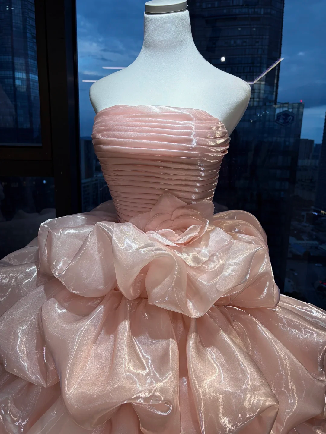 Strapless Blush Pink Ball Gown Pleated Bodice Tiered Bubble Shiny Organza Prom Dress  NV7034
