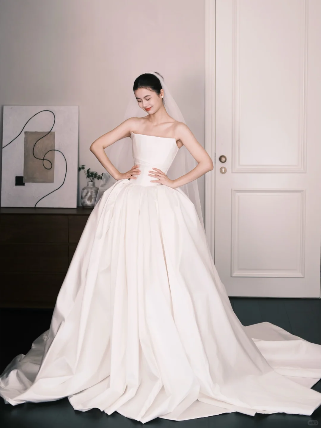 Strapless Satin Wedding Gown, Minimalist A Line Bridal Dress with Long Train  NV7348