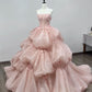 Pink Elegant Sweet Fairy Exquisite Floral Applique Long Layered Tulle Ball Gown Evening Dress Wedding Dress nv3819