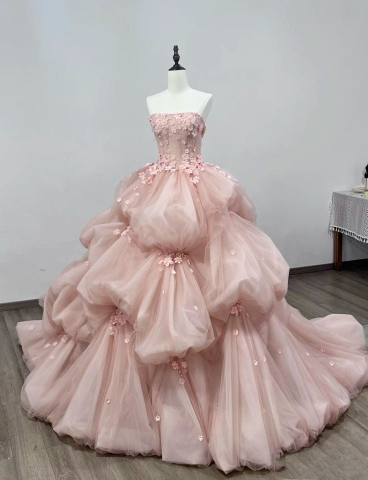Pink Elegant Sweet Fairy Exquisite Floral Applique Long Layered Tulle Ball Gown Evening Dress Wedding Dress nv3819