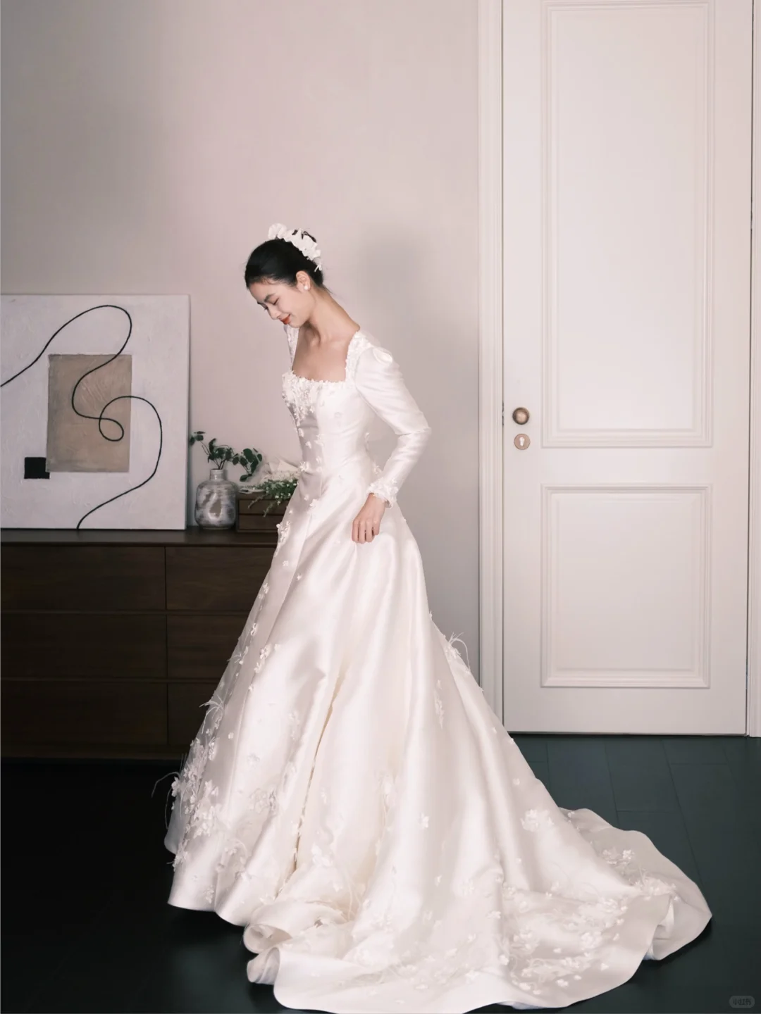Square Neck Long Sleeve Satin A Line Wedding Gown with Floral Appliques  NV7346