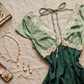 Two Tone Green Satin Short Homecoming Dress V Neck Flutter Sleeve White Lace Trim Vintage A-Line Cocktail Gown  NV6910